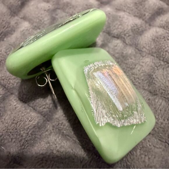 Mint Green Fused Glass Earrings – Handmade Iridescent Post-Back Jewelry - Picture 4 of 17